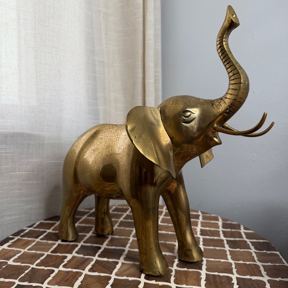 Vintage 13"x13" Brass Elephant Figurine Trunk Up Lucky Statue Boho 5lbs 3oz